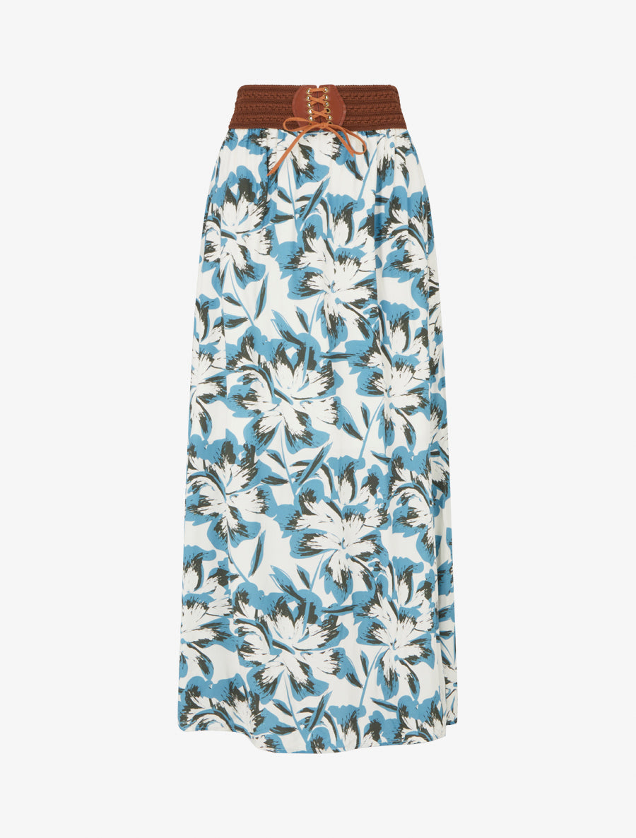 Jupe longue élastiquée imprimé fleuri - Bleu clair - 1