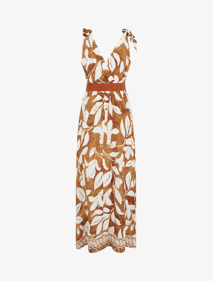Robe imprimé fleurs tropicales à bretelles à nouer - Camel - 2