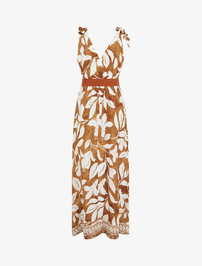 Robe imprimé fleurs tropicales à bretelles à nouer - Camel - 2