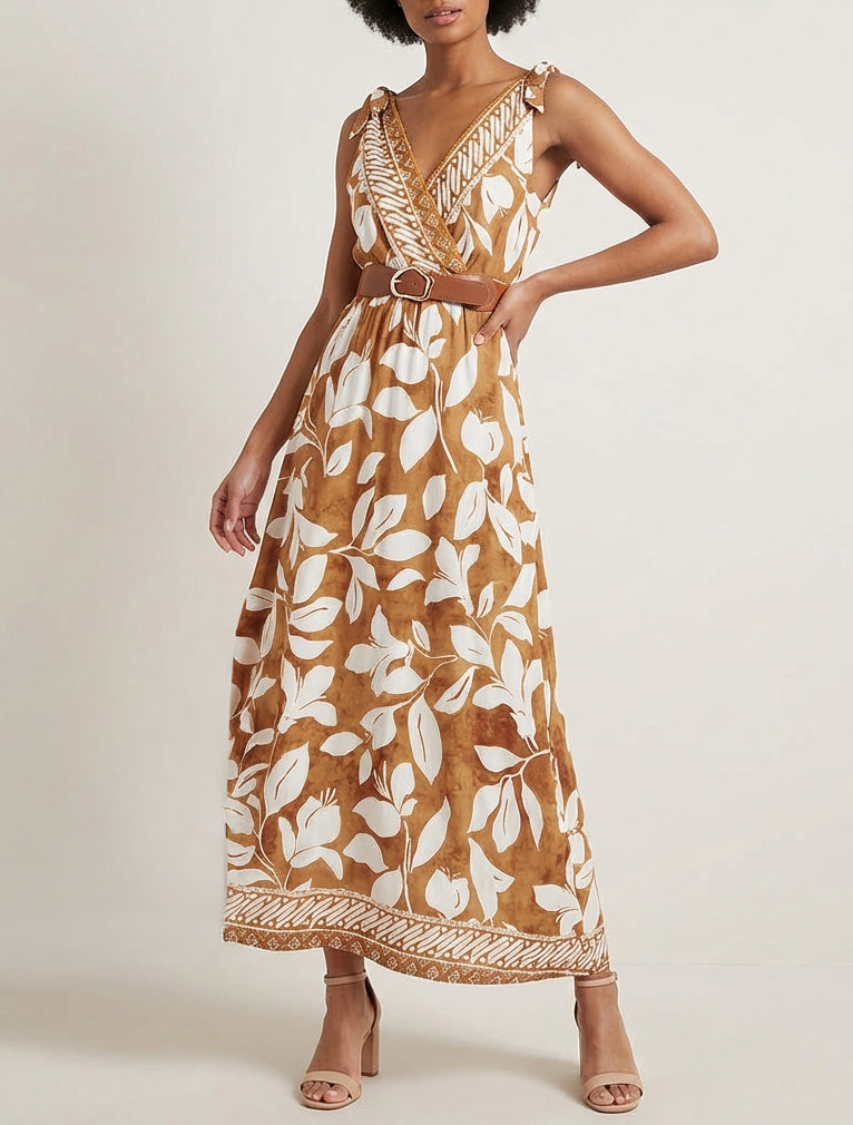 Kleid mit tropischem Blumenprint und Bindeträgern. - Kamel