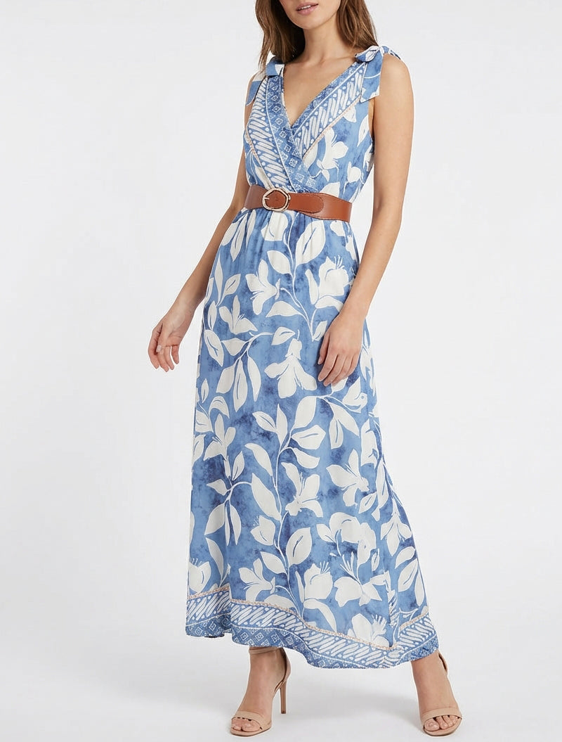 Kleid mit tropischem Blumenprint und Bindeträgern. - Hellblau