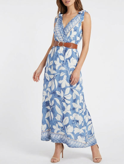 Kleid mit tropischem Blumenprint und Bindeträgern. - Hellblau