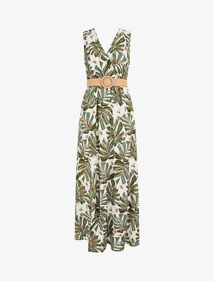 Robe longue évasée sans manches imprimé tropical - Kaki - 1