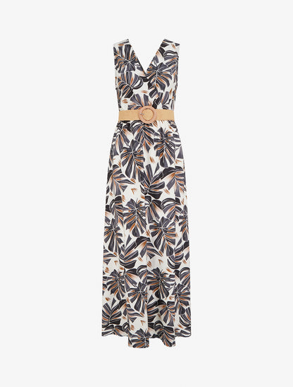 Robe longue évasée sans manches imprimé tropical - Noir - 1