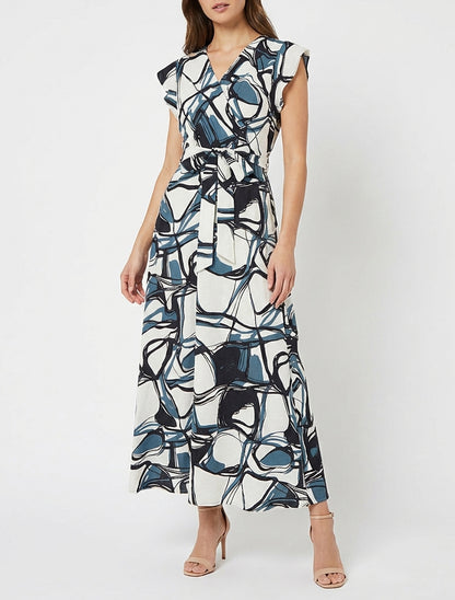 Langes Kleid mit ausgestelltem Schnitt und Fantasiemuster - Blau/weiß