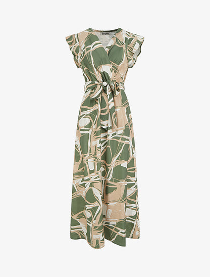 Robe longue évasée imprimé fantaisie - Kaki - 1