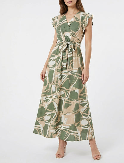 Langes Kleid mit ausgestelltem Schnitt und Fantasiemuster - Kaki