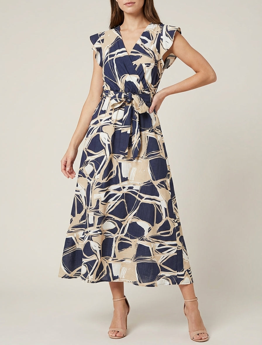 Langes Kleid mit ausgestelltem Schnitt und Fantasiemuster - Marine