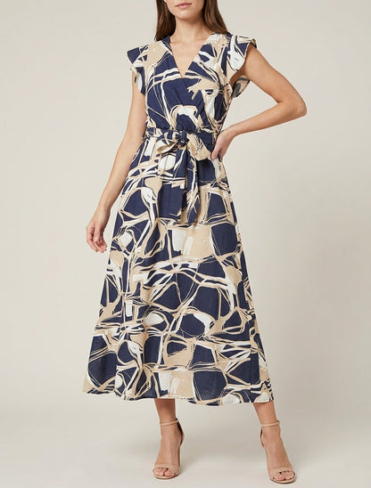 Langes Kleid mit ausgestelltem Schnitt und Fantasiemuster - Marine