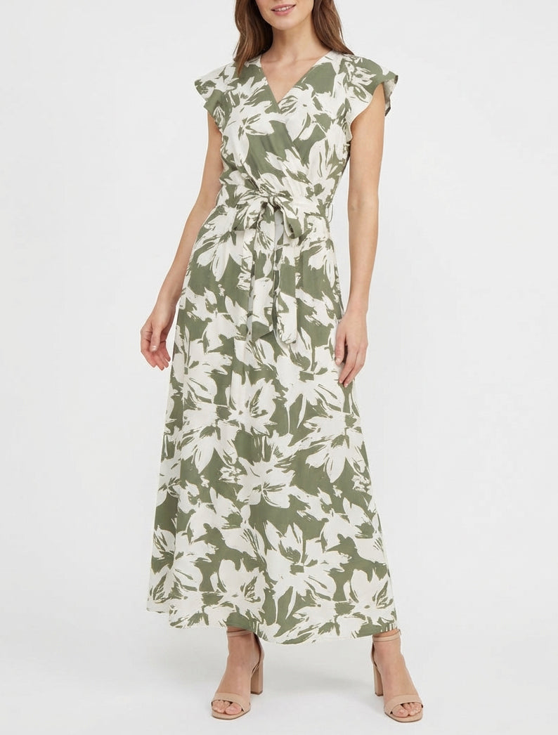 Langes Kleid mit tropischem Blumenmuster und kurzen Ärmeln - Kaki