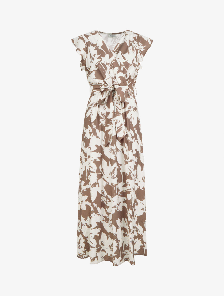 Robe longue imprimé fleurs tropicales à manches courtes - Marron - 1