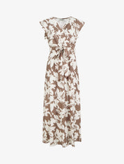 Robe longue imprimé fleurs tropicales à manches courtes - Marron - 1