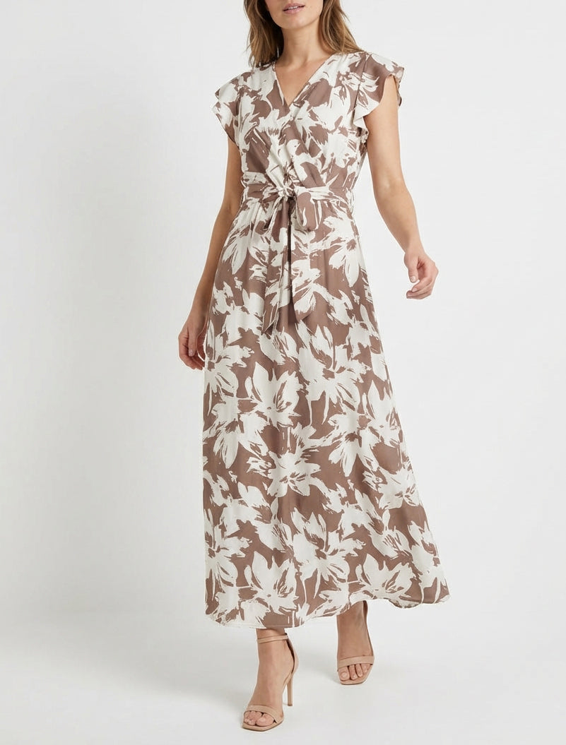 Langes Kleid mit tropischem Blumenmuster und kurzen Ärmeln - Braun