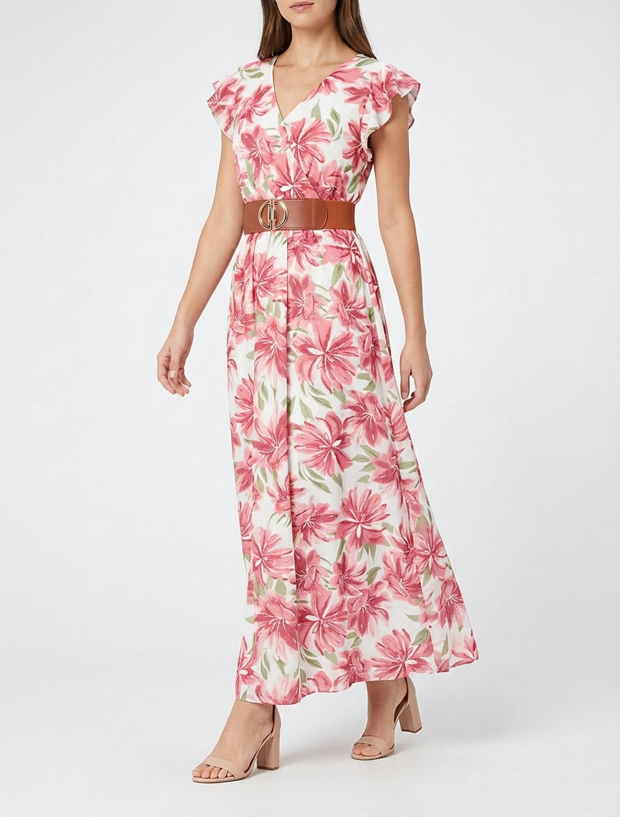 Langes Kleid mit Blumenmuster und kurzen Ärmeln - Rose