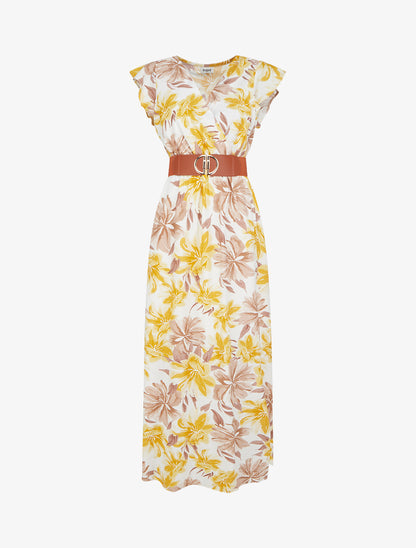 Robe longue imprimé fleuri à manches courtes - Jaune - 1