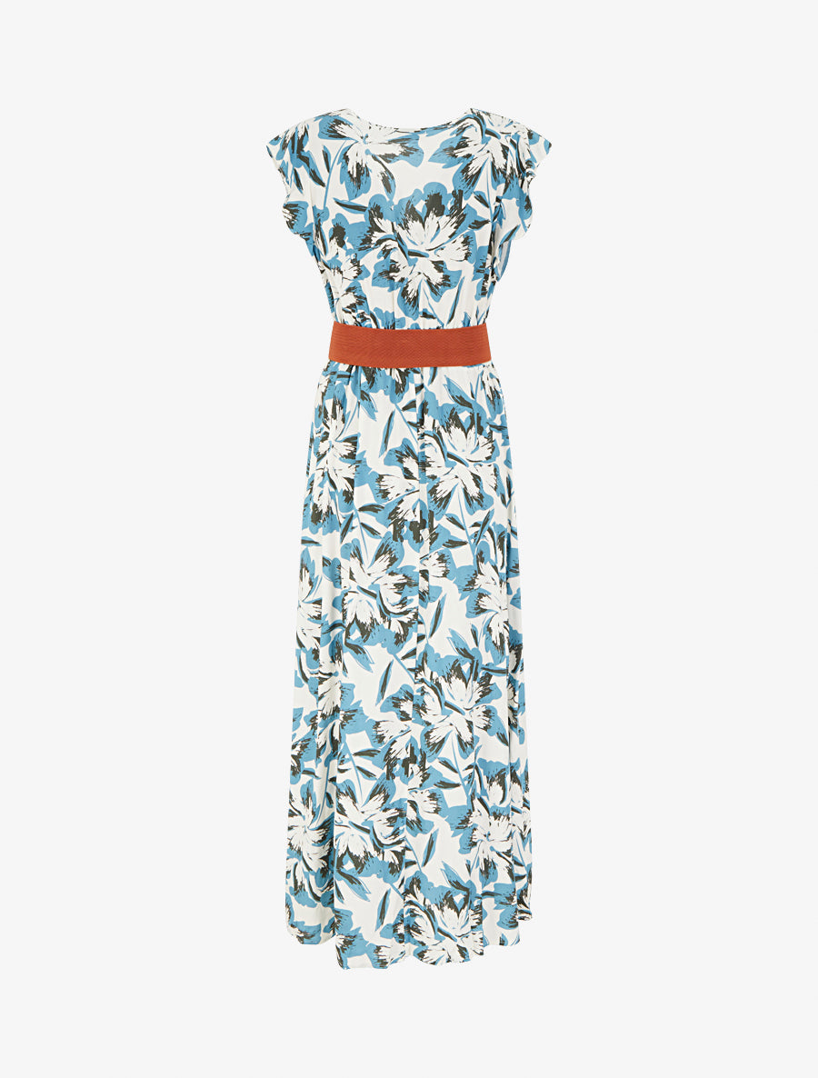 Robe longue fleurie à mancherons volantés - Bleu - 2