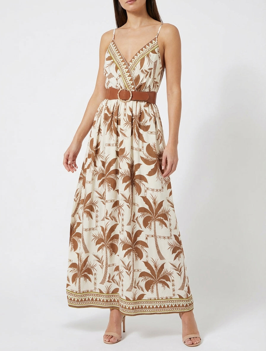 Langes Kleid mit Palmenmuster - Braun
