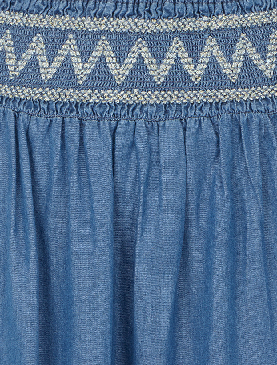 Jupe longue évasée à taille élastiquée fantaisie - Bleu denim - 3