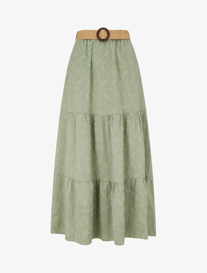 Jupe longue évasée en tissu texturé - Kaki - 1
