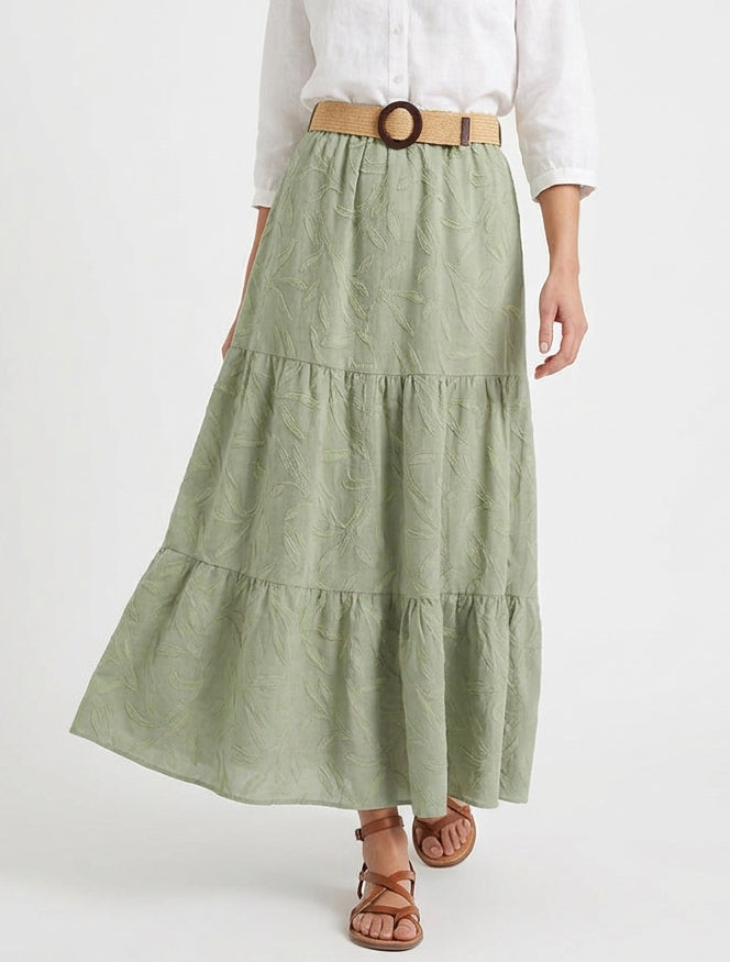 Langer ausgestellter Rock aus strukturiertem Stoff. - Kaki