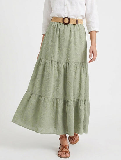 Langer ausgestellter Rock aus strukturiertem Stoff. - Kaki