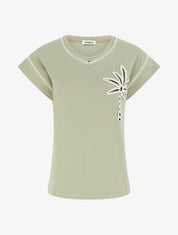 T-shirt manches courtes à palmier brodé - Vert olive - 1