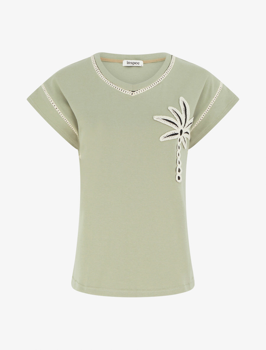 T-shirt manches courtes à palmier brodé - Vert olive - 1