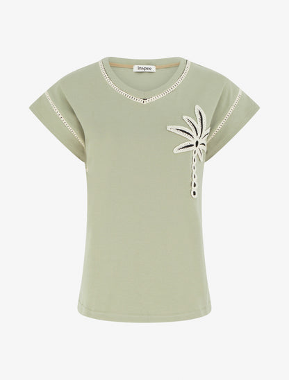 T-shirt manches courtes à palmier brodé - Vert olive - 1