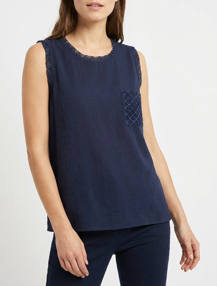 Ärmelloses gerades Oberteil mit Häkel-Tasche - Marine