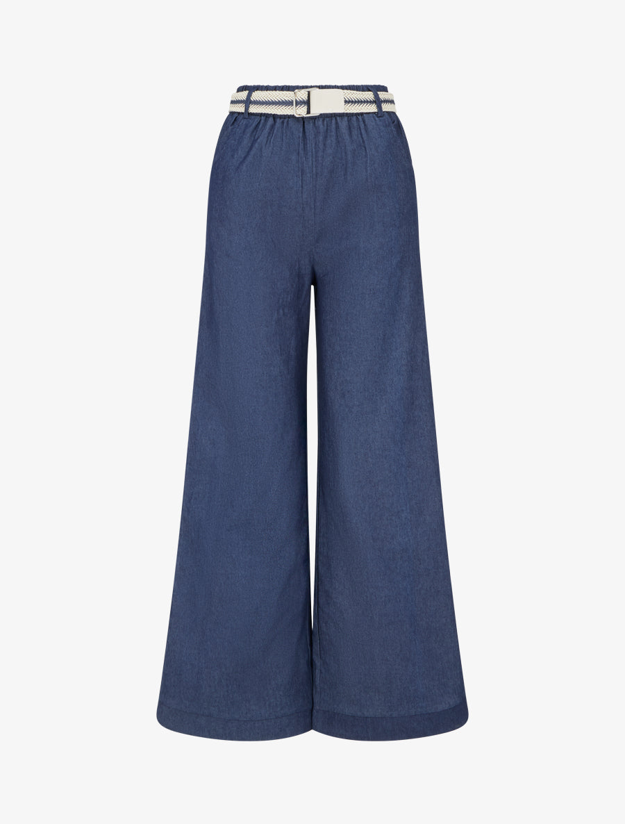 Pantalon ample à taille haute ceinturée - Bleu brut - 1