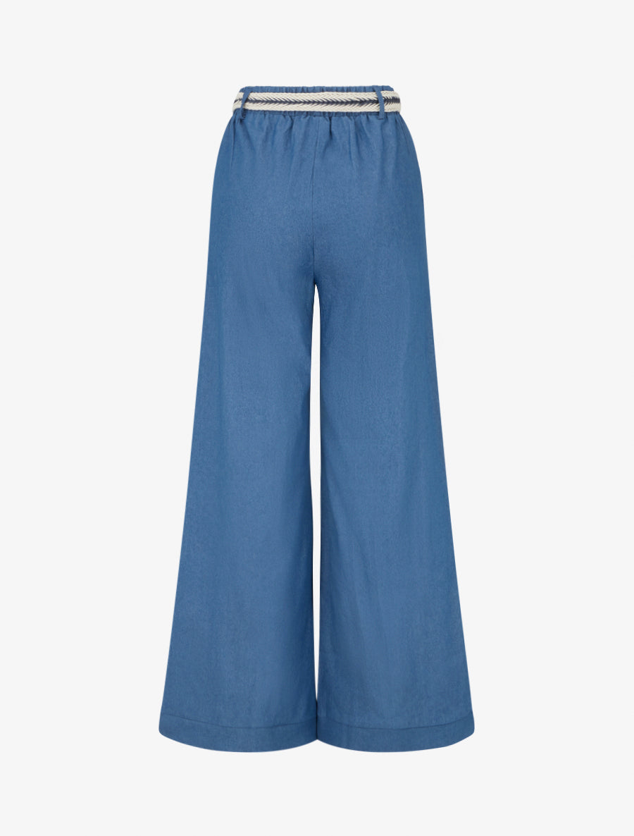 Pantalon ample à taille haute ceinturée - Bleu denim - 2