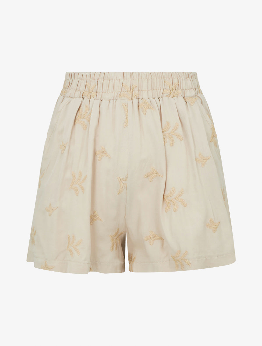 Short droit élastiqué à broderies fantaisies - Beige - 1
