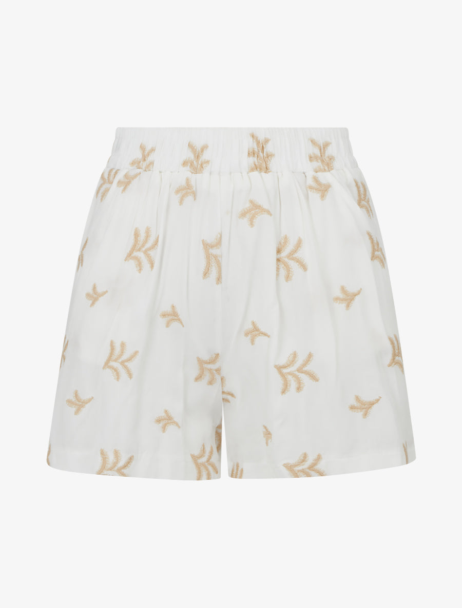 Short droit élastiqué à broderies fantaisies - Blanc - 1