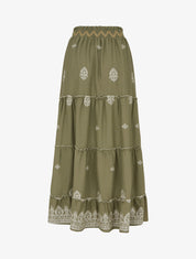 Jupe longue élastiquée à broderie - Kaki - 1