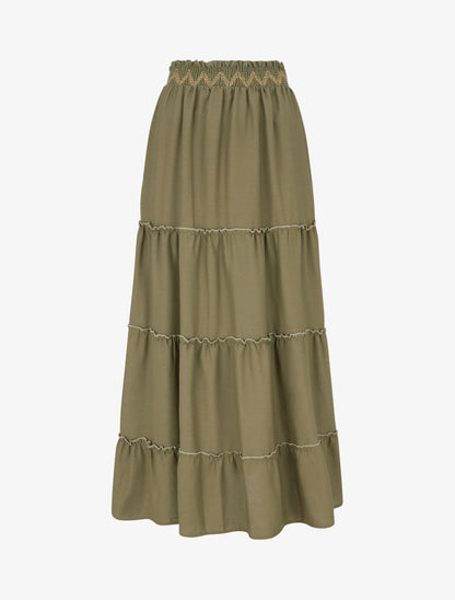 Jupe longue élastiquée à broderie - Kaki - 2