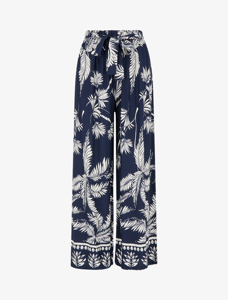 Pantalon élastiquée fluide imprimé feuillage - Marine - 1