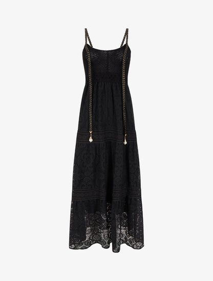 Robe longue en dentelle à bretelles tressées - Noir - 1