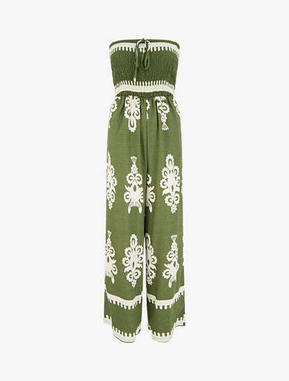 Combinaison à bustier élastiquée et imprimé graphique - Kaki - 1