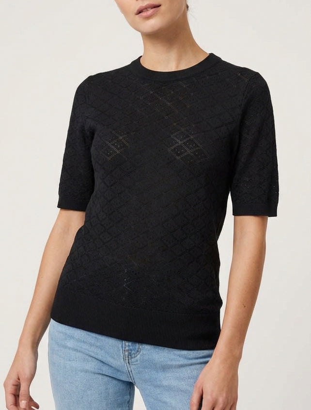 Feiner Pullover mit durchbrochenem Rautenmuster - Schwarz