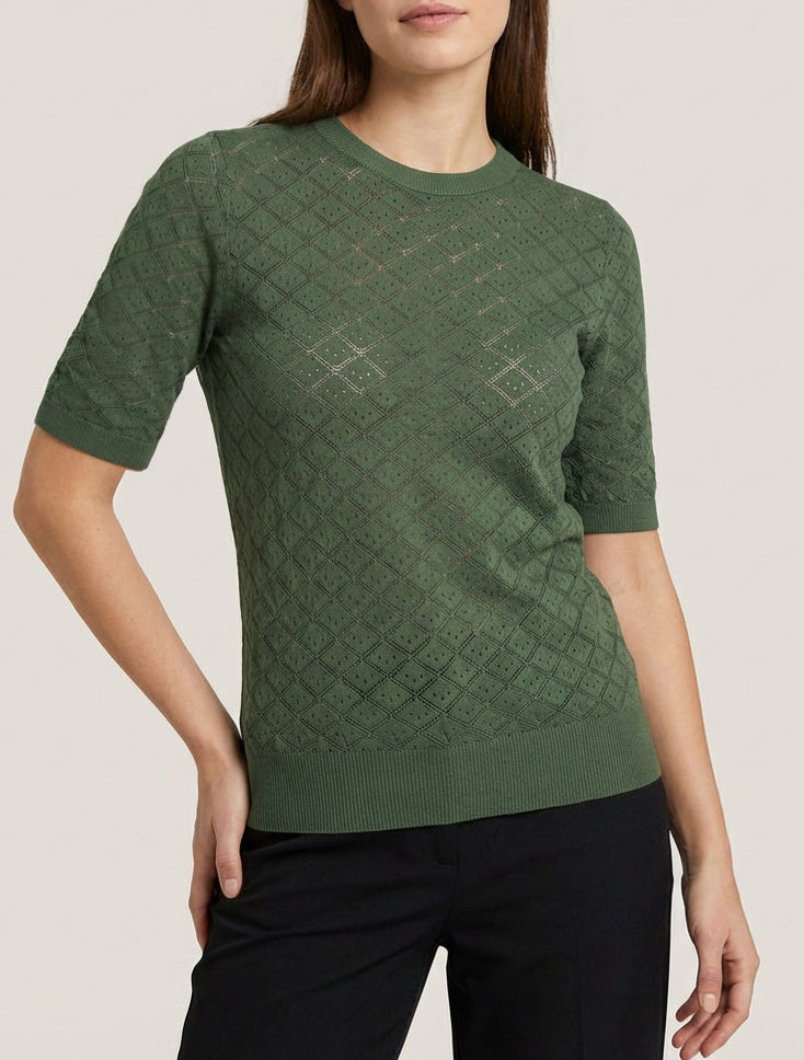 Feiner Pullover mit durchbrochenem Rautenmuster - Kaki