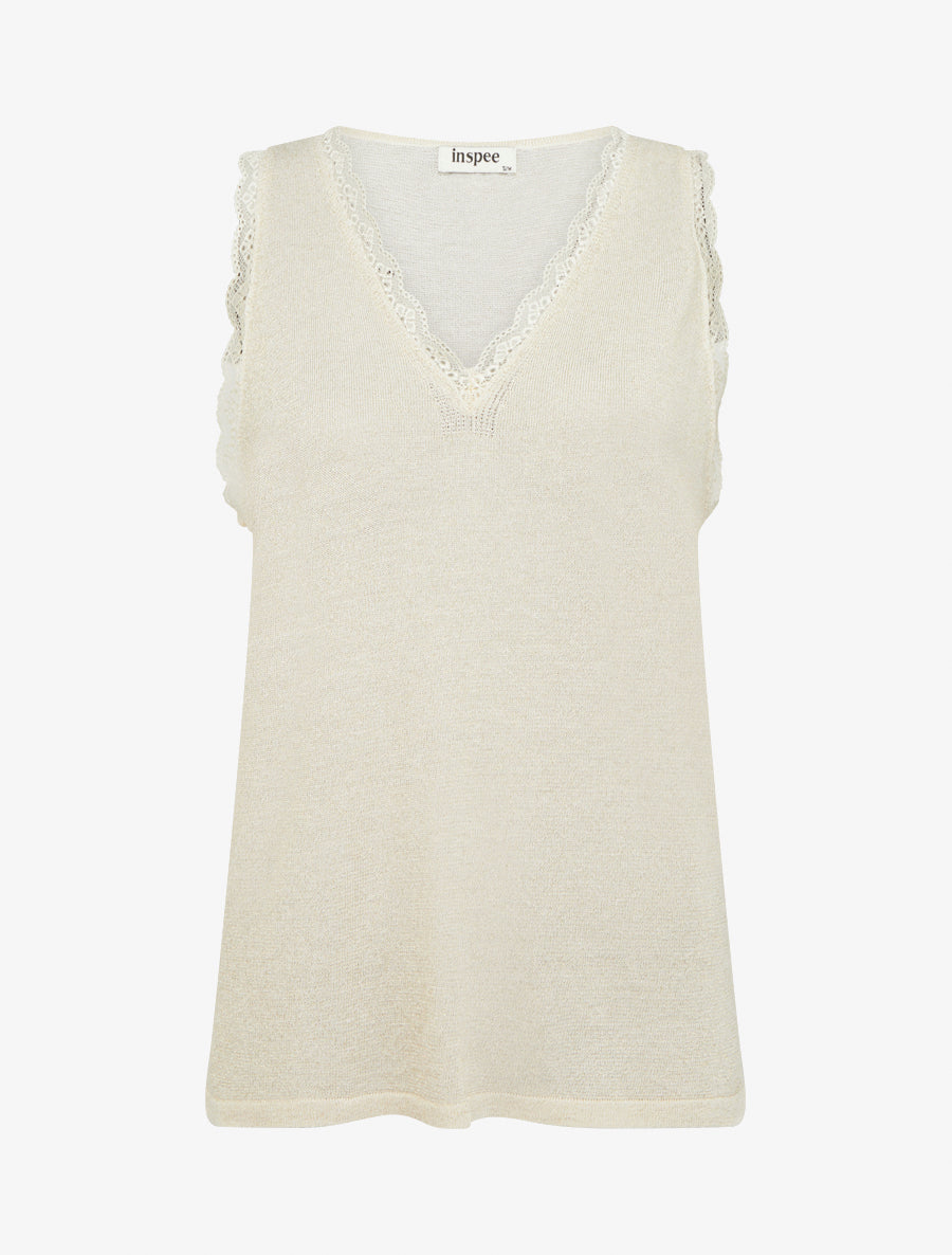 Débardeur en maille irisée à dentelle - Écru - 1