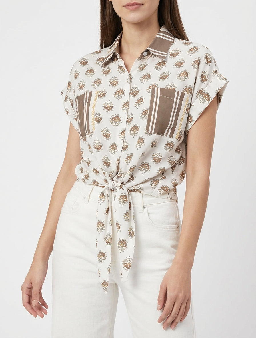 Kurz geschnittene Blumenprint-Bindebluse - Braun