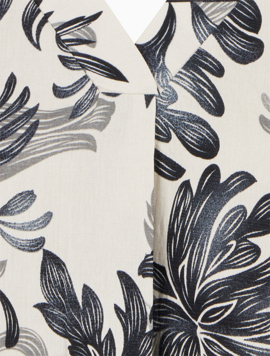 Top droit à col V et imprimé végétal - Marine - 3