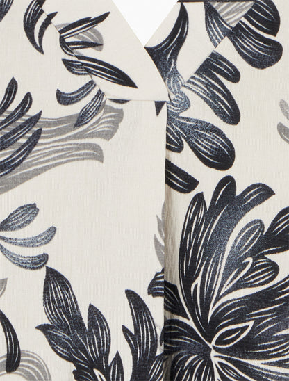 Top droit à col V et imprimé végétal - Marine - 3