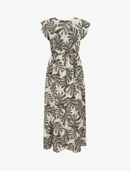 Robe longue imprimé feuilles à manches courtes - Gris - 2