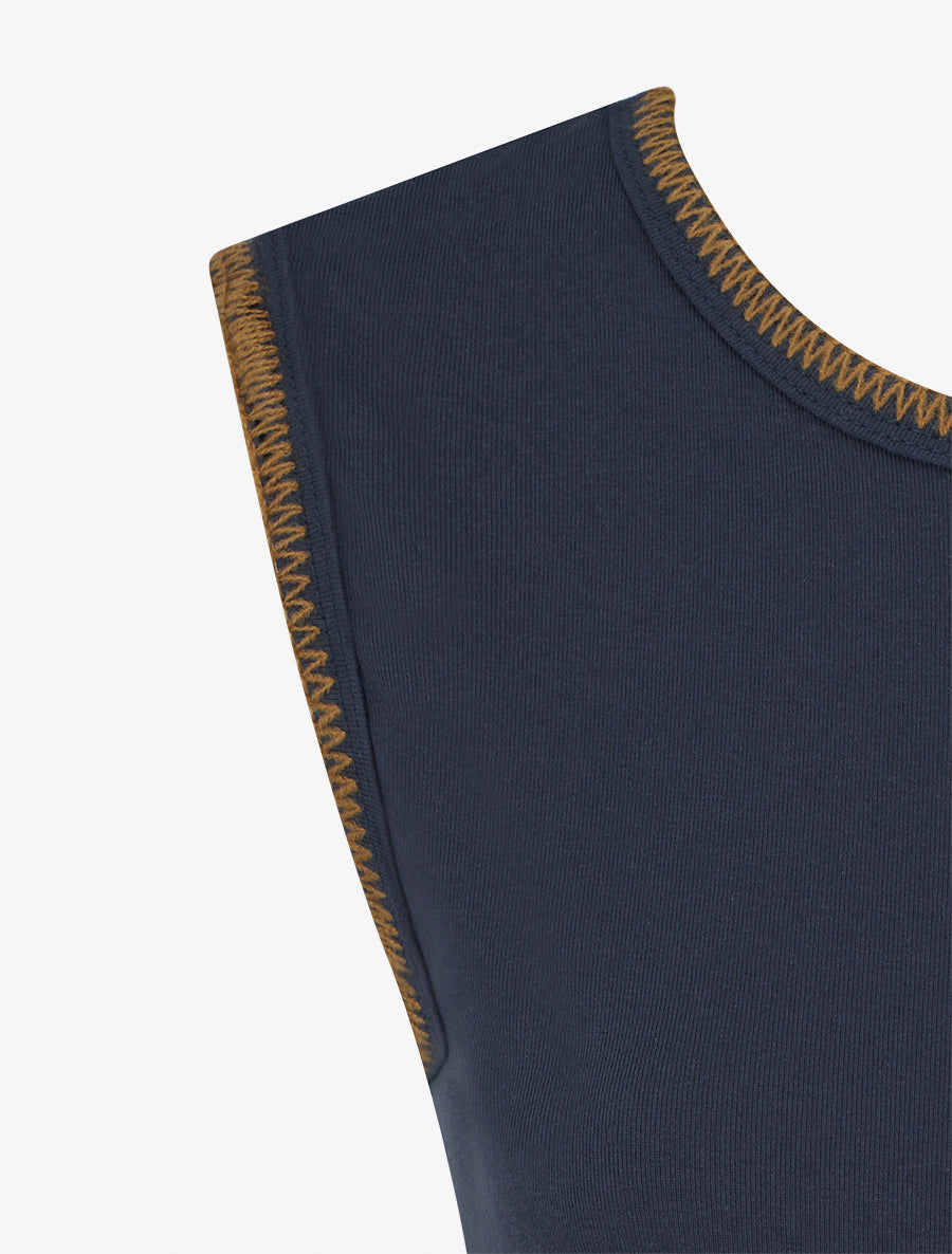 T-shirt uni sans manches à détail broderies - Marine - 3