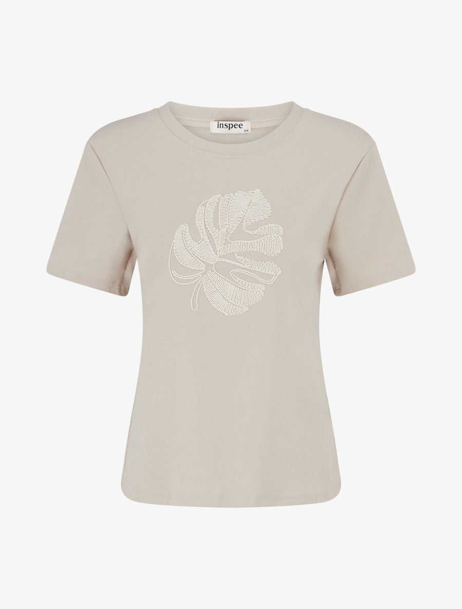 T-shirt uni à broderie feuille - Beige - 1