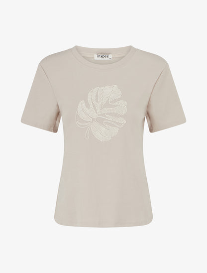 T-shirt uni à broderie feuille - Beige - 1