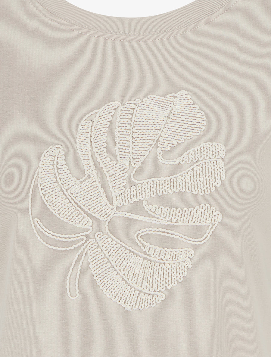 T-shirt uni à broderie feuille - Beige - 3