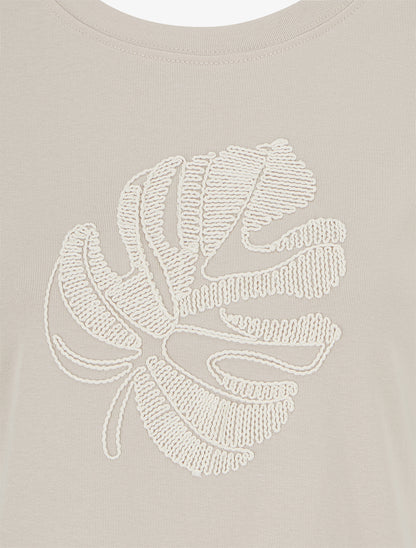T-shirt uni à broderie feuille - Beige - 3